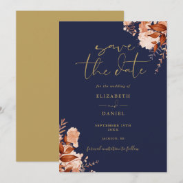Reserve A Data Casamento Floral Rústico Elegante Azul Marinho e D