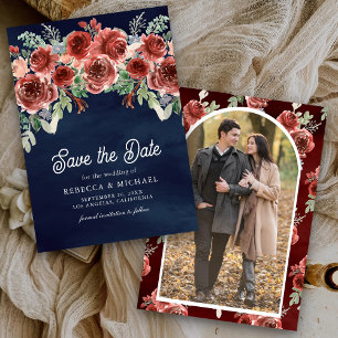 Reserve A Data Casamento Floral Rústico Marsala Foto Azul Marinho