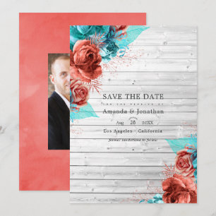 Reserve A Data Casamento Floral Rústico Vintage Turquesa e Coral