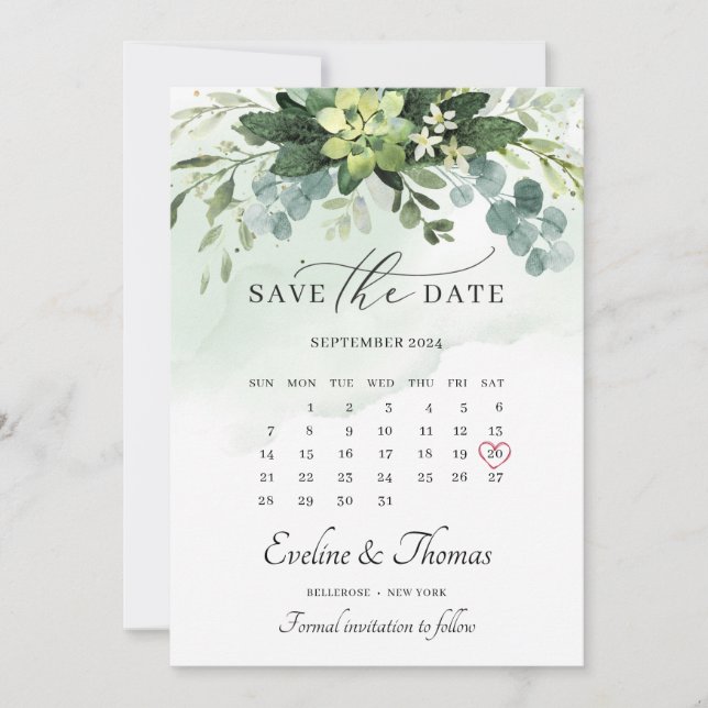 Reserve A Data Casamento floral suculento de Boho aquarela verde (Frente)