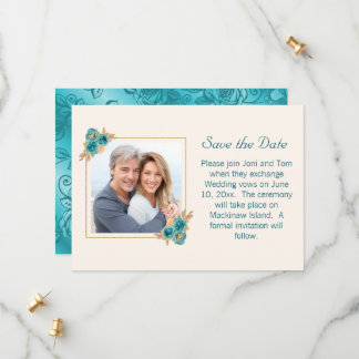 Reserve A Data Casamento Floral Teal e Dourado RSVP Salvar a Data