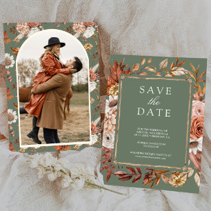 Reserve A Data Casamento Floral Terracota Foto Verde Sage