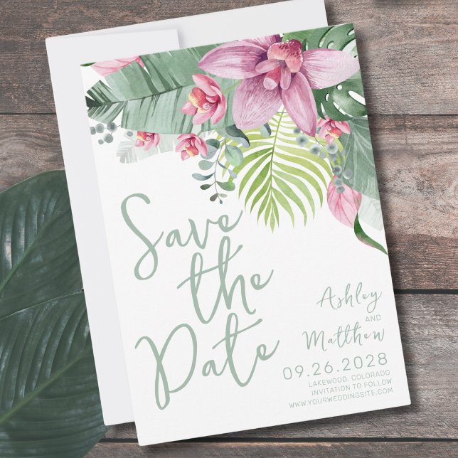 Reserve A Data Casamento Floral Tropical Verde (Green Foliage Floral Watercolor Tropical Wedding Save The Date)