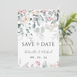 Reserve A Data Casamento Floral Verde Água-Rosada em Aquarela