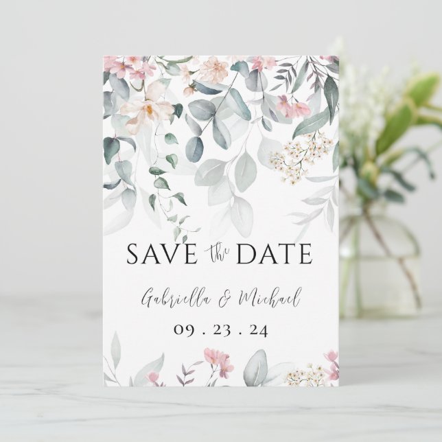 Reserve A Data Casamento Floral Verde com Aquarela Rosa (Em pé/Frente)
