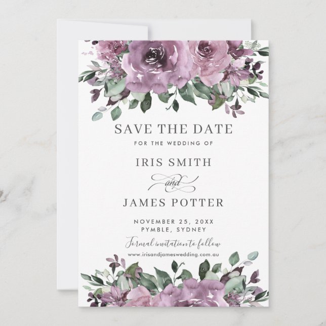 Reserve A Data Casamento Floral Verde com Roxo Ameixa Mauve Rústi (Frente)