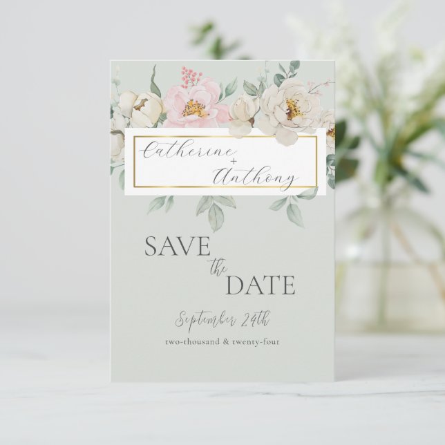Reserve A Data Casamento Floral Verde Dourado Moderno  (Em pé/Frente)