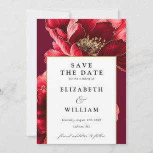 Reserve A Data Casamento Floral Vermelho Borgonha e Dourado Elega