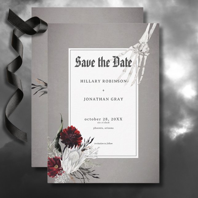 Reserve A Data Casamento Floral Vermelho de Amor e Ossos (Love & Bones Spooky Red Floral Wedding Save the Date Card)