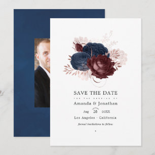 Reserve A Data Casamento Floral Vintage Azul Marinho, Marrom e Do