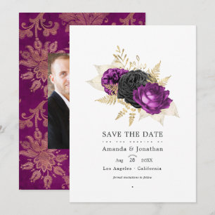 Reserve A Data Casamento Floral Vintage Preto e Roxo