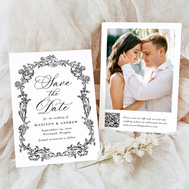 Reserve A Data Casamento Floral Vitoriano com Código QR Elegante (Criador carregado)