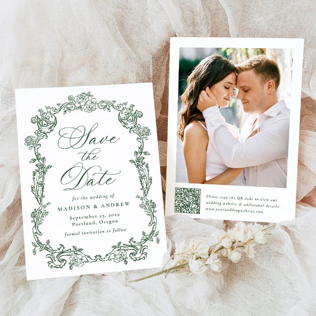 Reserve A Data Casamento Floral Vitoriano Verde Elegante Código Q (Criador carregado)