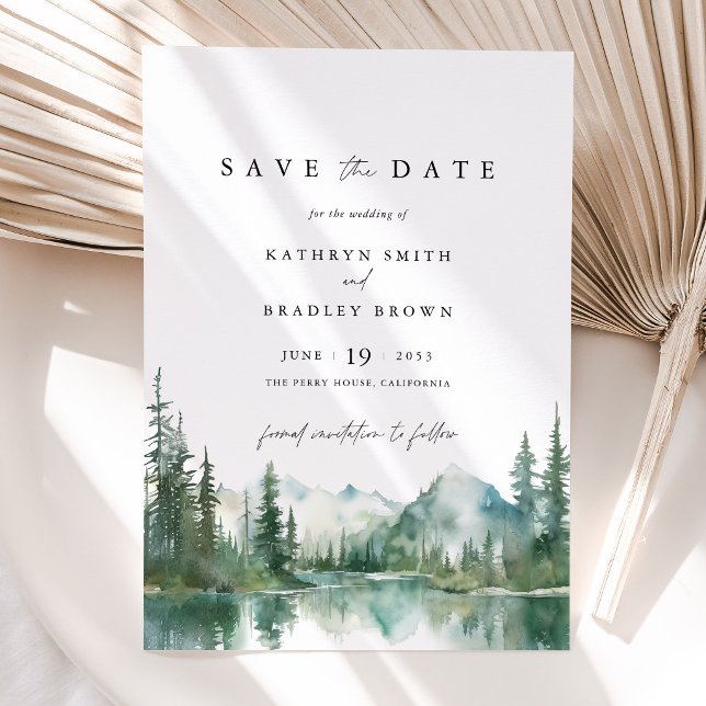Reserve A Data Casamento Florestal no Lago da Montanha (Mountain Lake Save the Date Card, Watercolor Forest Woodland Wedding Announcement Card)