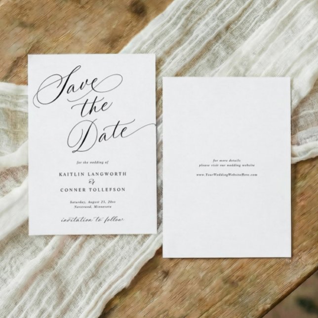 Reserve A Data Casamento Formal Caligrafia Clássica Elegante (Formal black and white wedding save the date with elegant calligraphy and classic script)