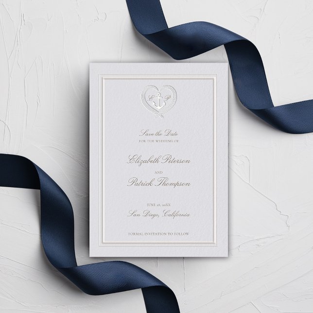 Reserve A Data Casamento Formal Clássico de Crest Cardíacos de Ân (nautical wedding save date classic formal traditional frame faux embossed anchor crest monograms)