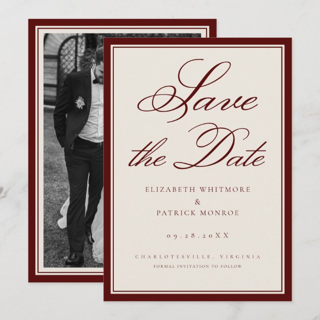 Reserve A Data Casamento Formal com Foto em Script da Propriedade (Frente/Verso)