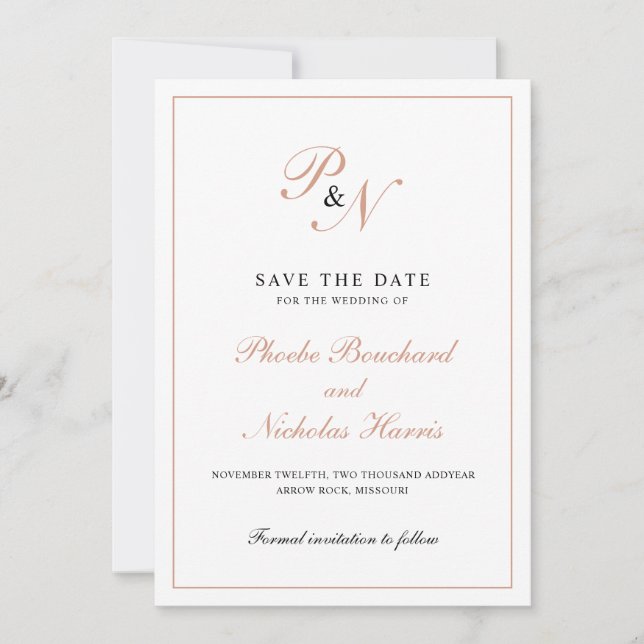 Reserve A Data Casamento Formal com Monograma em Dourado Rosa Ele (Frente)