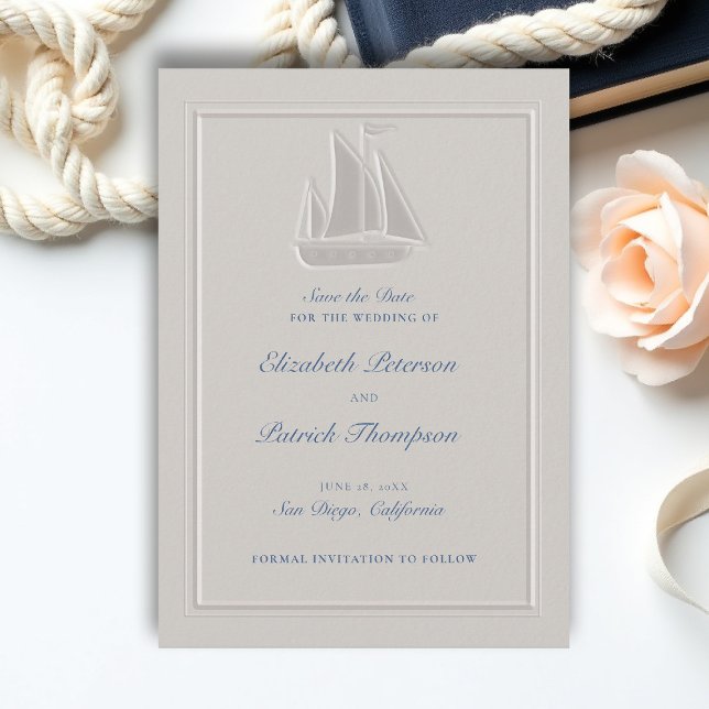 Reserve A Data Casamento Formal de Barco à Vela Náutico Costeiro  (coastal wedding save the date nautical sail boat formal traditional double frame modern classic)