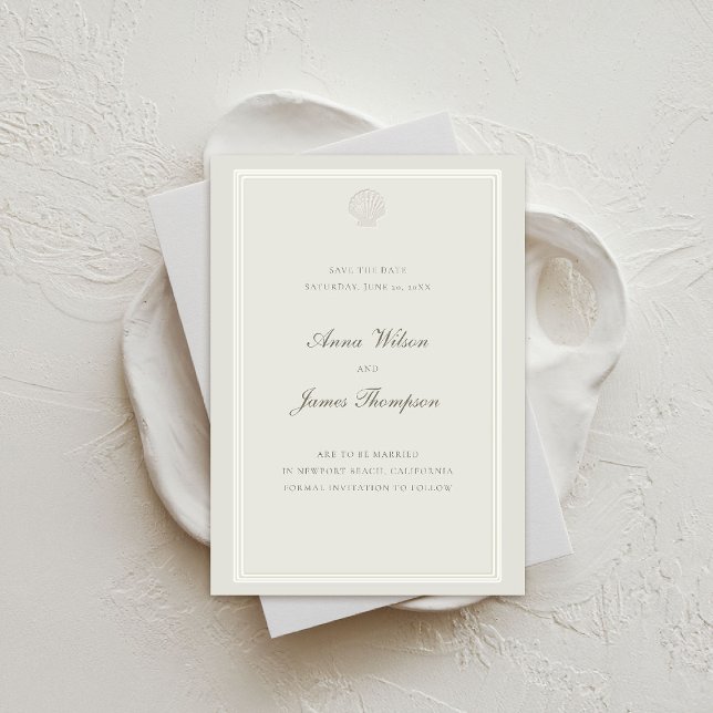 Reserve A Data Casamento Formal Ecru Clássico de Seashell Náutico (wedding save the date formal traditional classic triple frame ecru faux embossed calligraphy elegant)