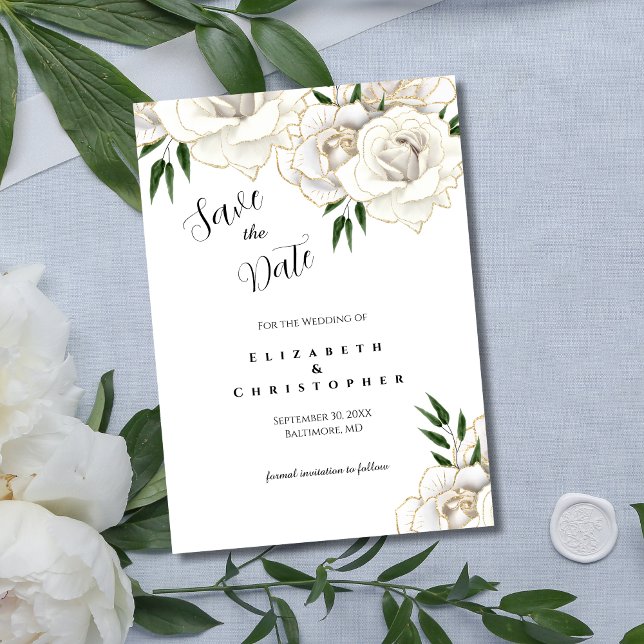 Reserve A Data Casamento Formal Elegante Dourado de Rosas Brancas (White Rose Gold Trim Elegant Wedding Save the Date Card. Printed or Digital Instant download)