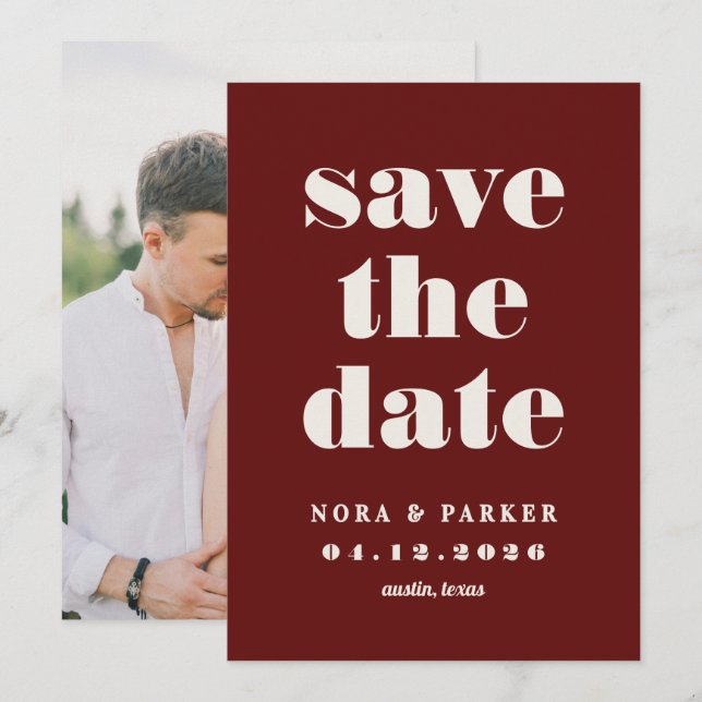 Reserve A Data Casamento Formal Moderno Simples em Borgonha e Mar (Frente/Verso)