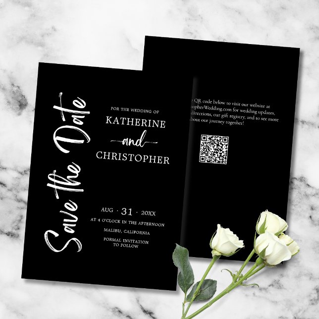 Reserve A Data Casamento Formal Preto de Script Negro e Branco El (Black and White Formal Save the Date Card with Elegant Vertical Script, QR Code, Website.)