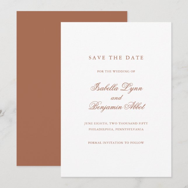 Reserve A Data Casamento Formal Tradicional em Terracota com Eleg (Frente/Verso)