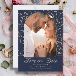 Reserve A Data Casamento Foto Arco Dourado Brilho Azul Marinho