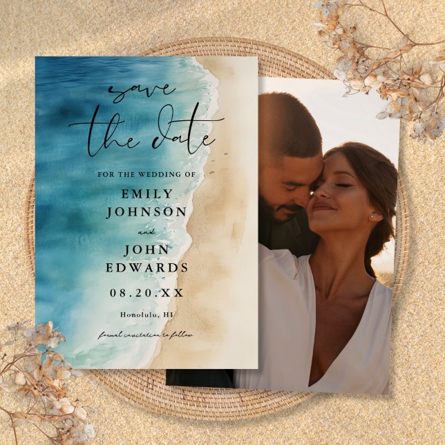Reserve A Data Casamento Foto Areia Praia Oceano Azul Aquarela (Watercolor Blue Ocean Beach Sand Photo Wedding Save The Date)