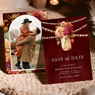 Reserve A Data Casamento Foto Burgundy Fall Dahlia Mason Jar