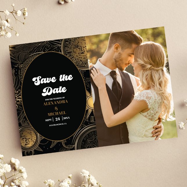 Reserve A Data Casamento Foto Celestial Preto Dourado (Criador carregado)
