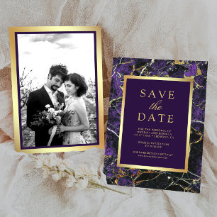 Reserve A Data Casamento Foto Dourada Mármore Roxo