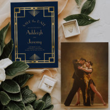 Casamento Foto Dourado Azul-Marinho Deco Vintage d