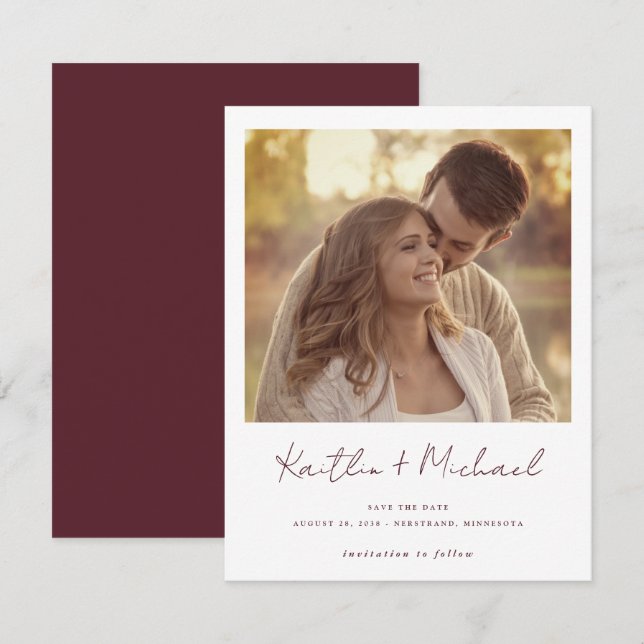 Reserve A Data Casamento Foto Escrita Moderna Merlot (Frente/Verso)