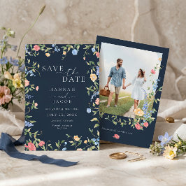 Reserve A Data Casamento Foto Floral Azul Marinho Flor Silvestre