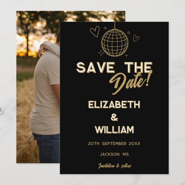 Reserve A Data Casamento Foto Groovy Disco Retro Preto e Dourado (Frente/Verso)