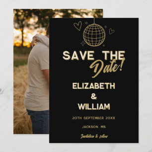 Reserve A Data Casamento Foto Groovy Disco Retro Preto e Dourado