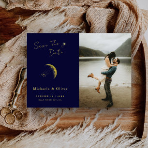 Reserve A Data Casamento Foto Lua Dourada Azul Celestial Meia-Noi