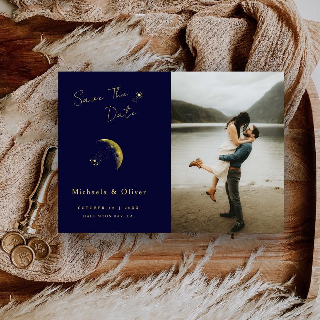 Reserve A Data Casamento Foto Lua Dourada Azul Celestial Meia-Noi (Criador carregado)