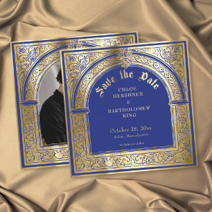 Reserve A Data Casamento Foto Medieval Dourado Azul Gótico
