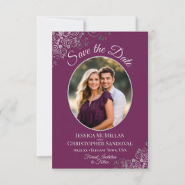 Reserve A Data Casamento Foto Oval de Magenta Elegante e Prata