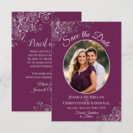 Reserve A Data Casamento Foto Oval de Magenta Elegante e Prata