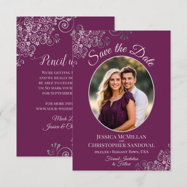Reserve A Data Casamento Foto Oval de Magenta Elegante e Prata (Frente/Verso)