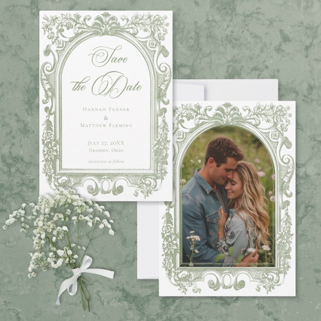 Reserve A Data Casamento Foto Quadro Arco Elegante Clássico Sage (Classic Elegant Sage Arch Frame Photo Wedding Save The Date)