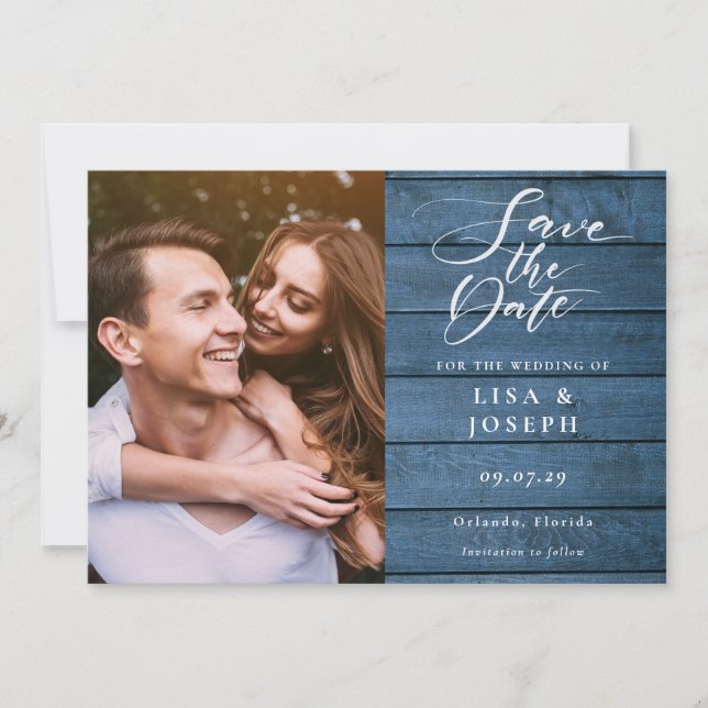 Reserve A Data Casamento Foto Script Elegante Madeira Azul Rústic (Frente)
