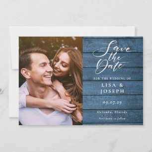 Reserve A Data Casamento Foto Script Elegante Madeira Azul Rústic