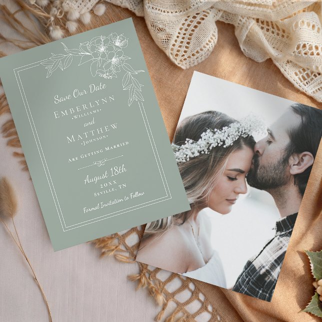 Reserve A Data Casamento Foto Verde Sage Botânico Moderno (Modern Botanical Sage Green Photo Wedding Save The Date)