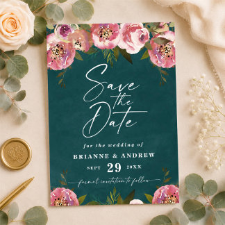 Reserve A Data Casamento Foto Verde Teal Profundo Blooming Chic
