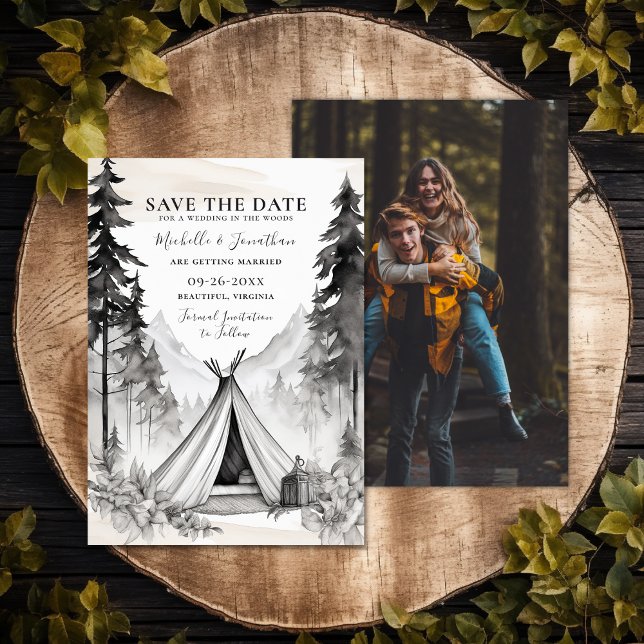 Reserve A Data Casamento Fotográfico de Camping Mountain Forest (Glamping Camping Mountain Forest Photo Wedding Save The Date)